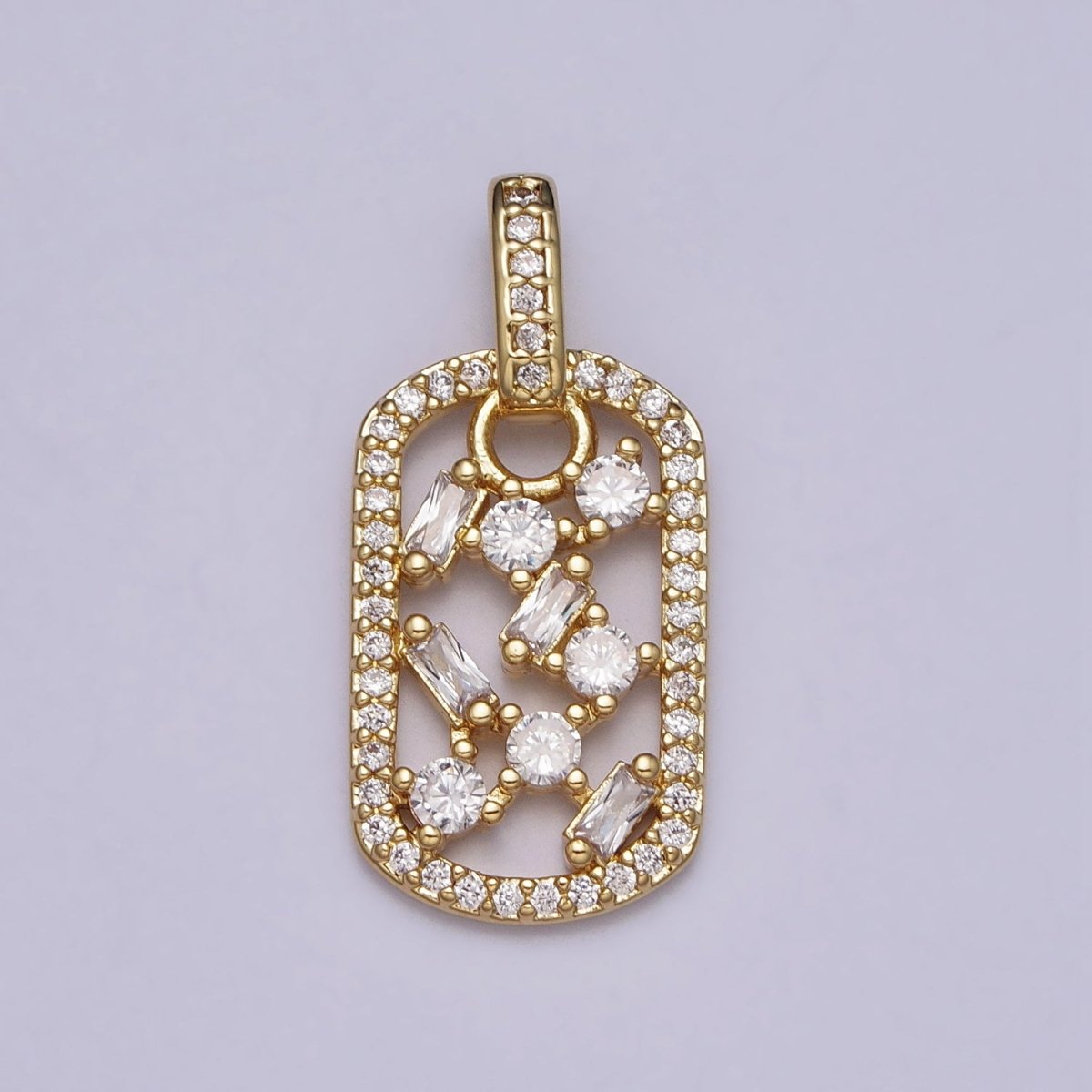 Clear Baguette Round CZ Open Micro Paved Rectangular Tag Pendant | AA080