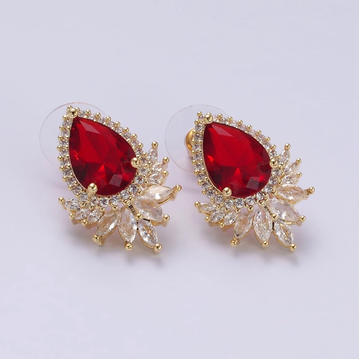 Clear, Black, Red, Green, Blue, Pink, Yellow, Baby Blue CZ Marquise Micro Paved Stud Earrings in Gold & Silver