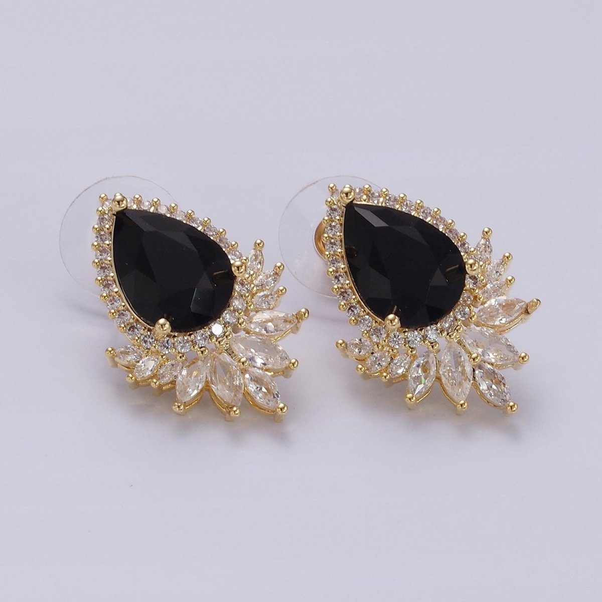Clear, Black, Red, Green, Blue, Pink, Yellow, Baby Blue CZ Marquise Micro Paved Stud Earrings in Gold & Silver