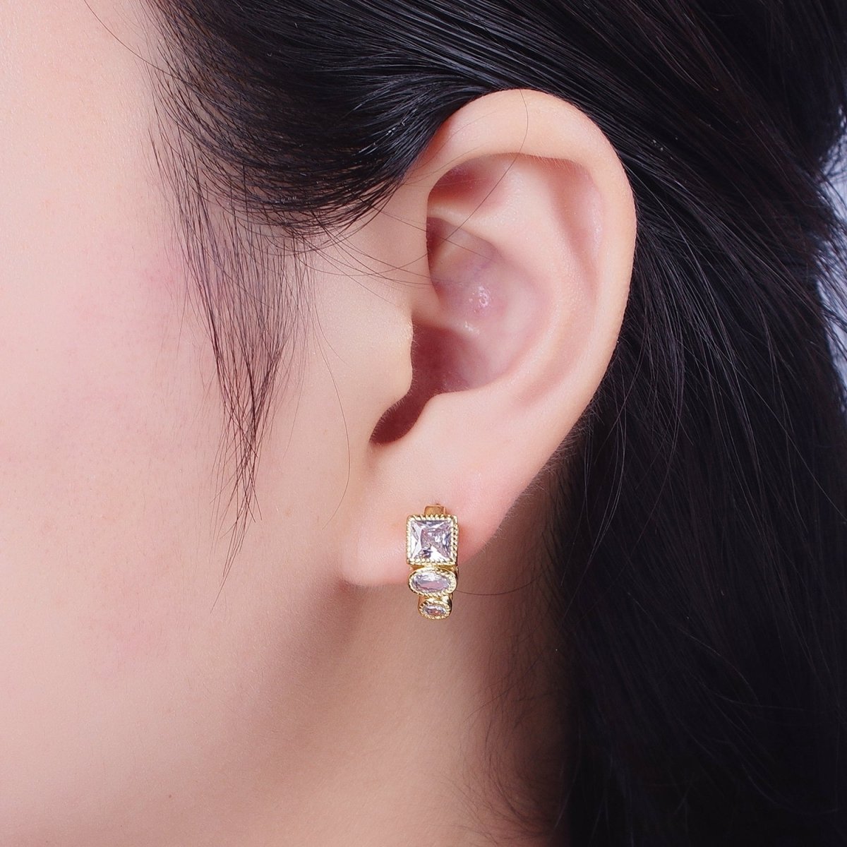 Clear Cubic Zirconia Triple Round Oval Square 14mmx15.8mm Huggie Hoop Earrings | AD-506