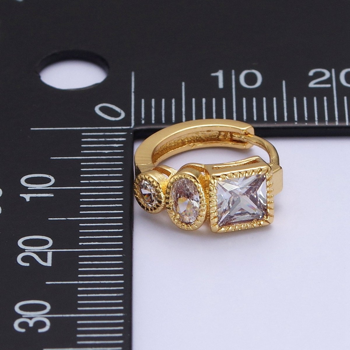 Clear Cubic Zirconia Triple Round Oval Square 14mmx15.8mm Huggie Hoop Earrings | AD-506