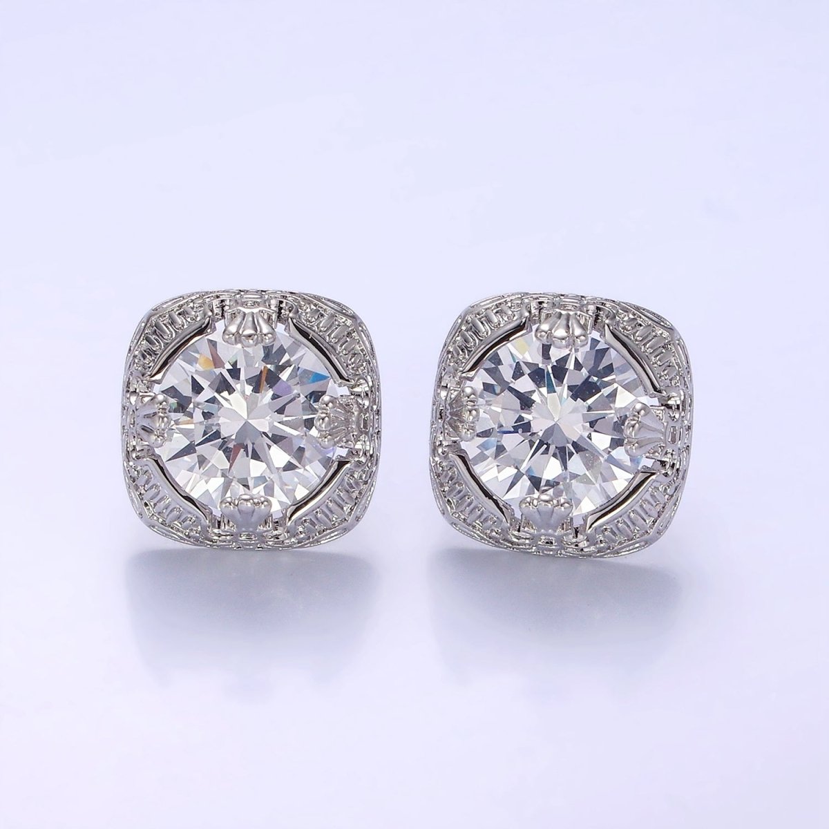 Clear CZ Bezel Rounded Square Stud Earrings in Gold & Silver | V528 V529