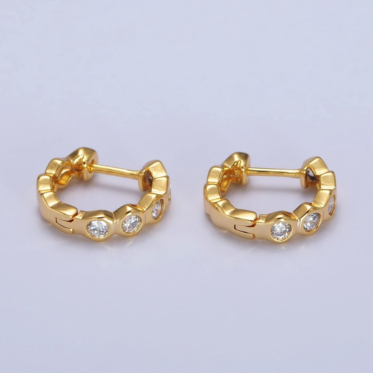 Clear CZ Hexagonal Lined 13.5mm Gold Huggie Earrings | AB122