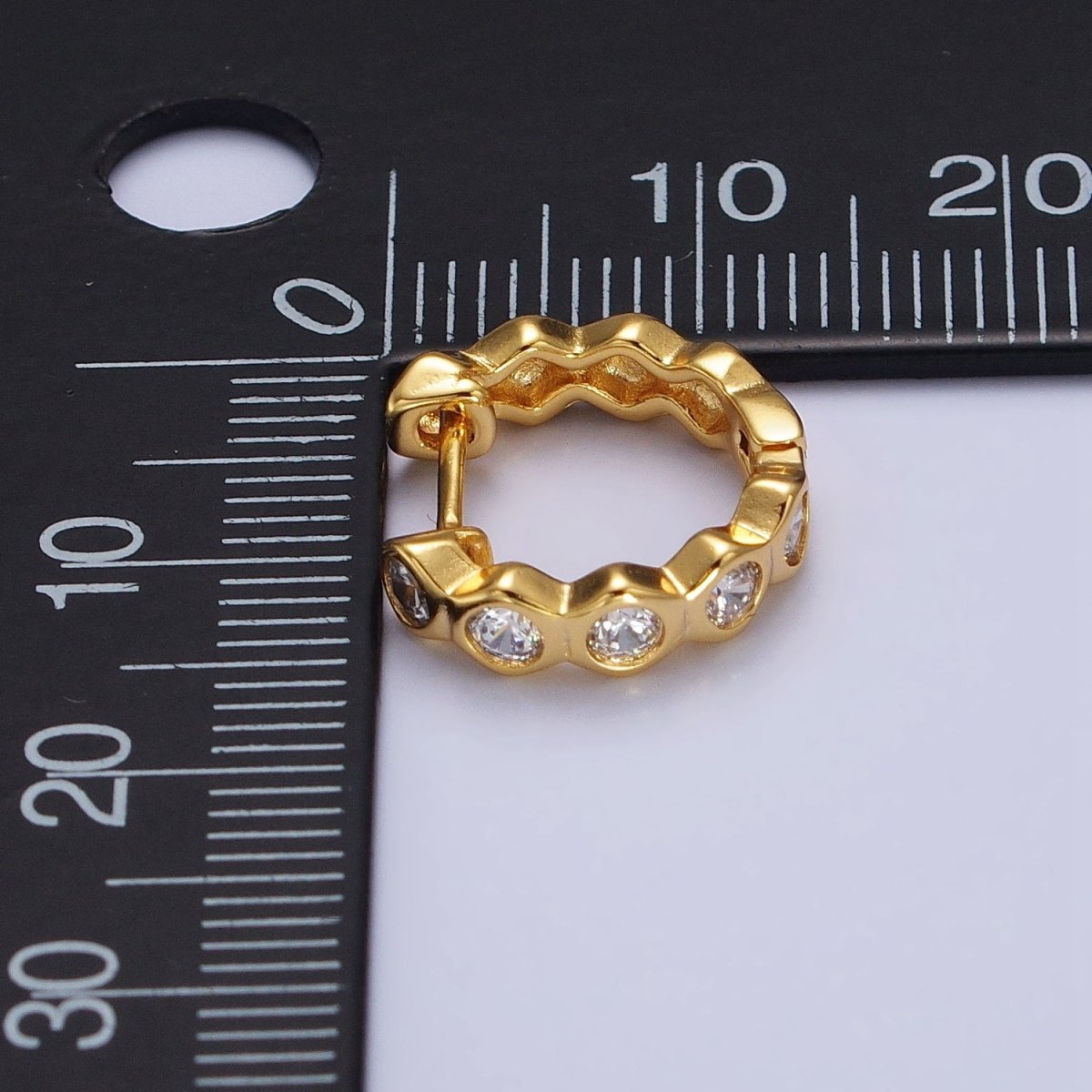 Clear CZ Hexagonal Lined 13.5mm Gold Huggie Earrings | AB122