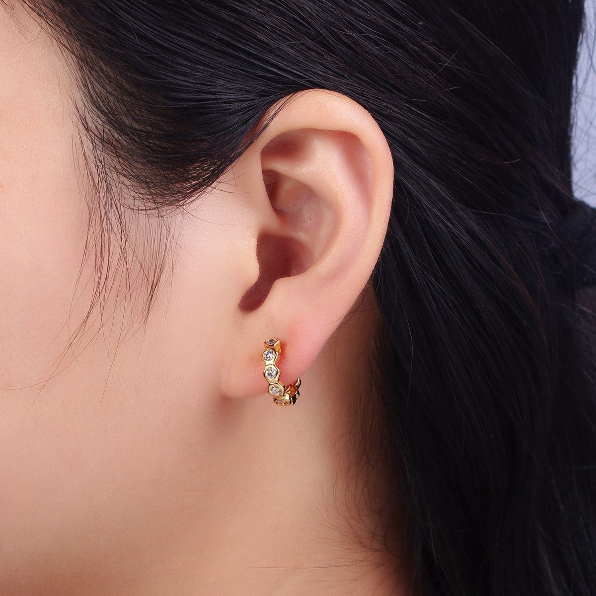 Clear CZ Hexagonal Lined 13.5mm Gold Huggie Earrings | AB122