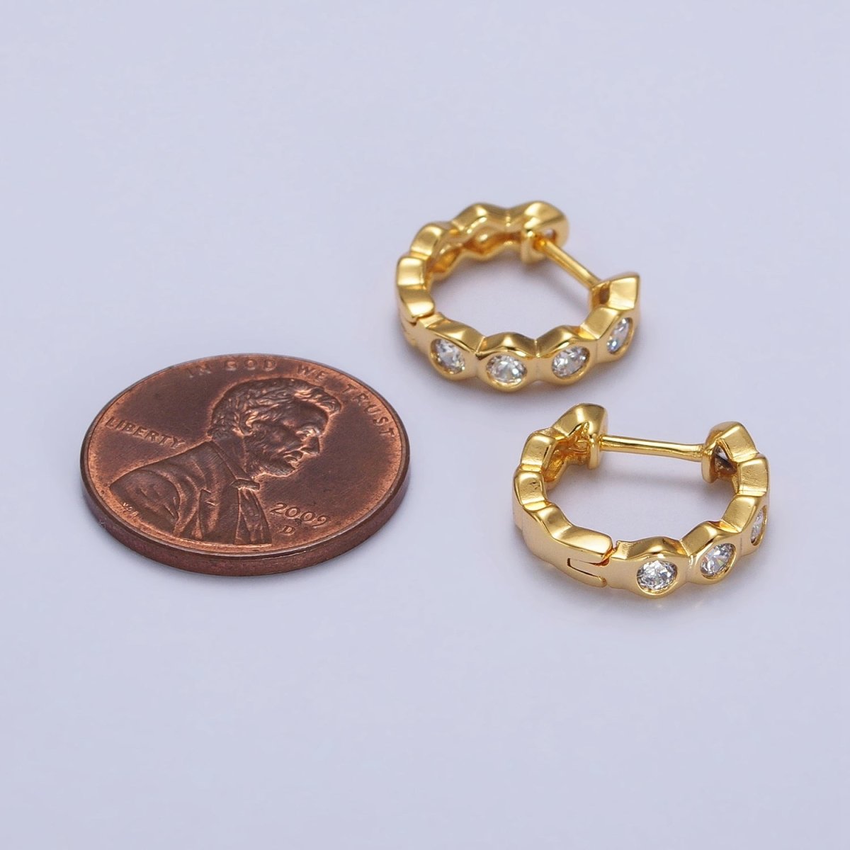 Clear CZ Hexagonal Lined 13.5mm Gold Huggie Earrings | AB122