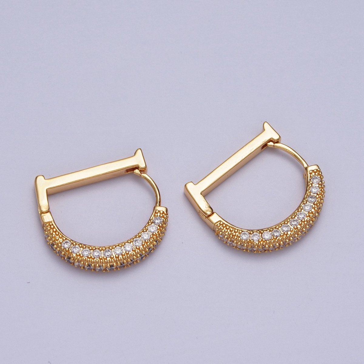 Clear CZ Micro Paved Geometric D-Shaped Gold Huggie Earrings | AB001