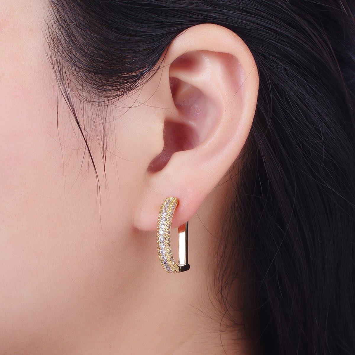 Clear CZ Micro Paved Geometric D-Shaped Gold Huggie Earrings | AB001
