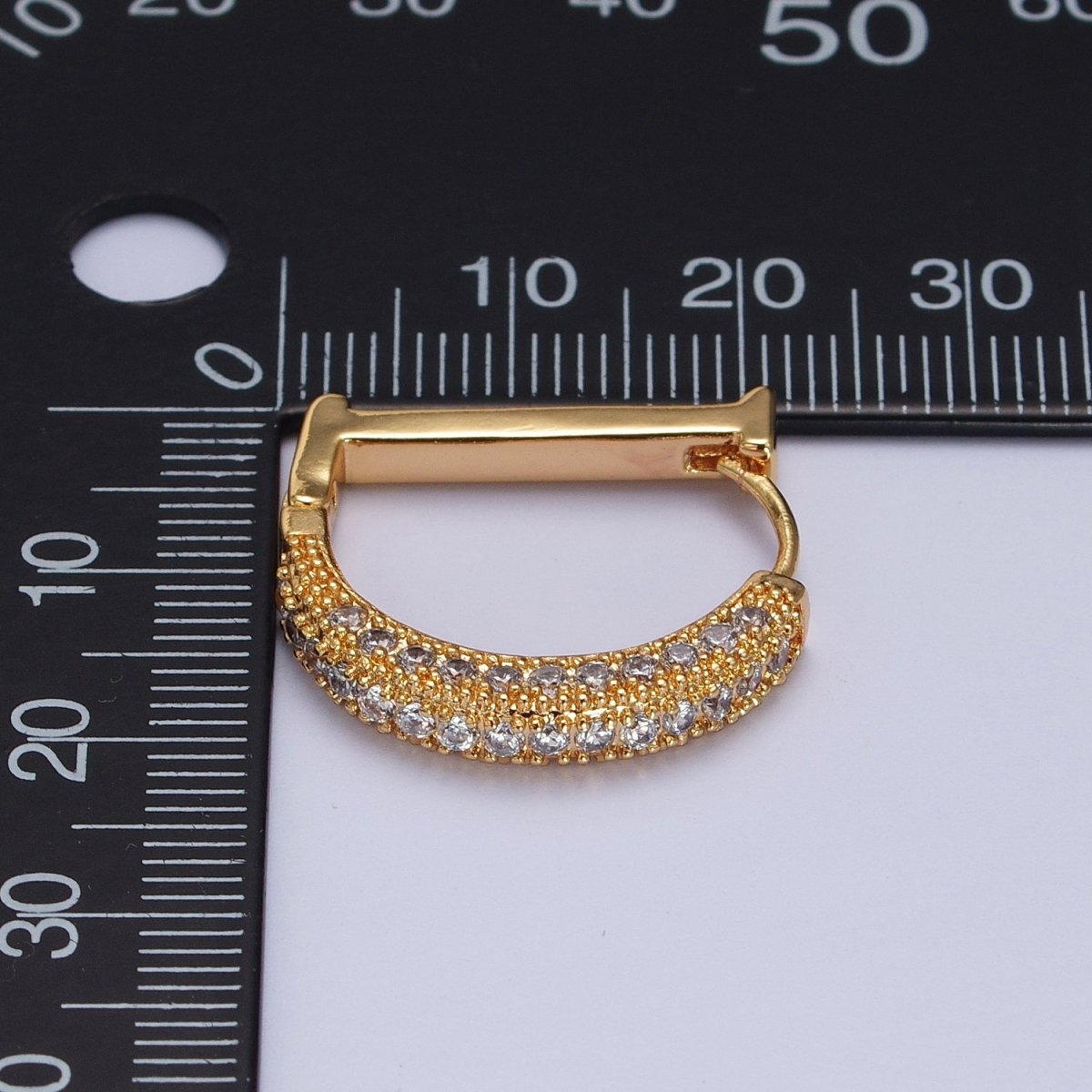 Clear CZ Micro Paved Geometric D-Shaped Gold Huggie Earrings | AB001