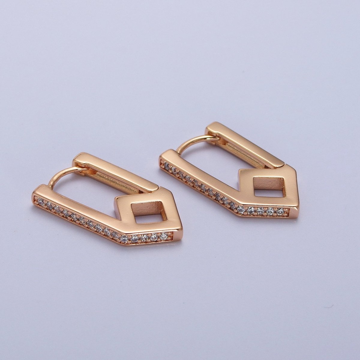 Clear CZ Micro Paved Geometric Oblong Rhombus Huggie Gold Earrings | AB029
