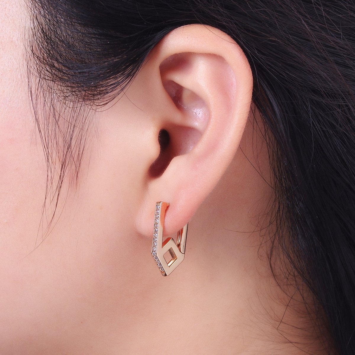 Clear CZ Micro Paved Geometric Oblong Rhombus Huggie Gold Earrings | AB029