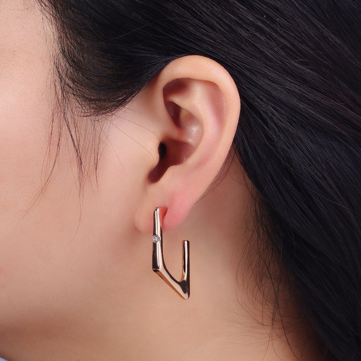 Clear CZ Rhombus Geometric J-Shaped Gold Hoop Earrings | AB160