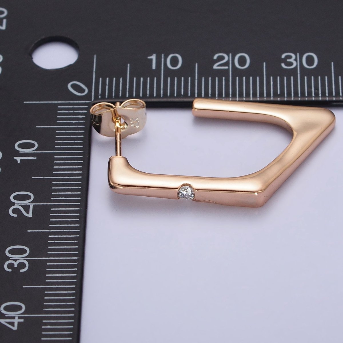 Clear CZ Rhombus Geometric J-Shaped Gold Hoop Earrings | AB160