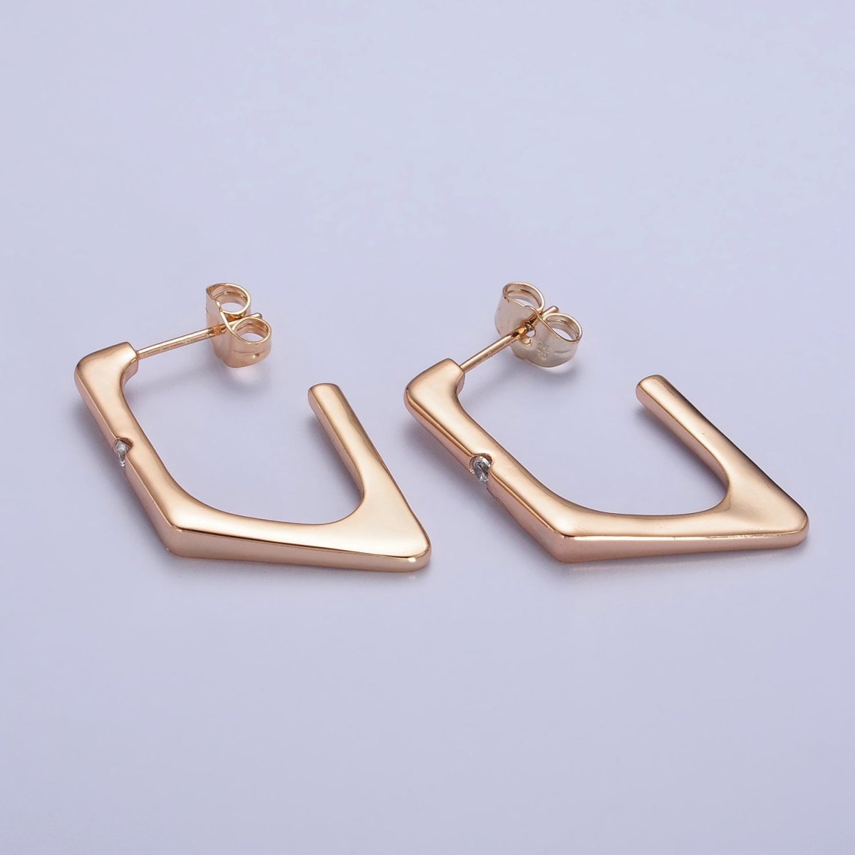 Clear CZ Rhombus Geometric J-Shaped Gold Hoop Earrings | AB160