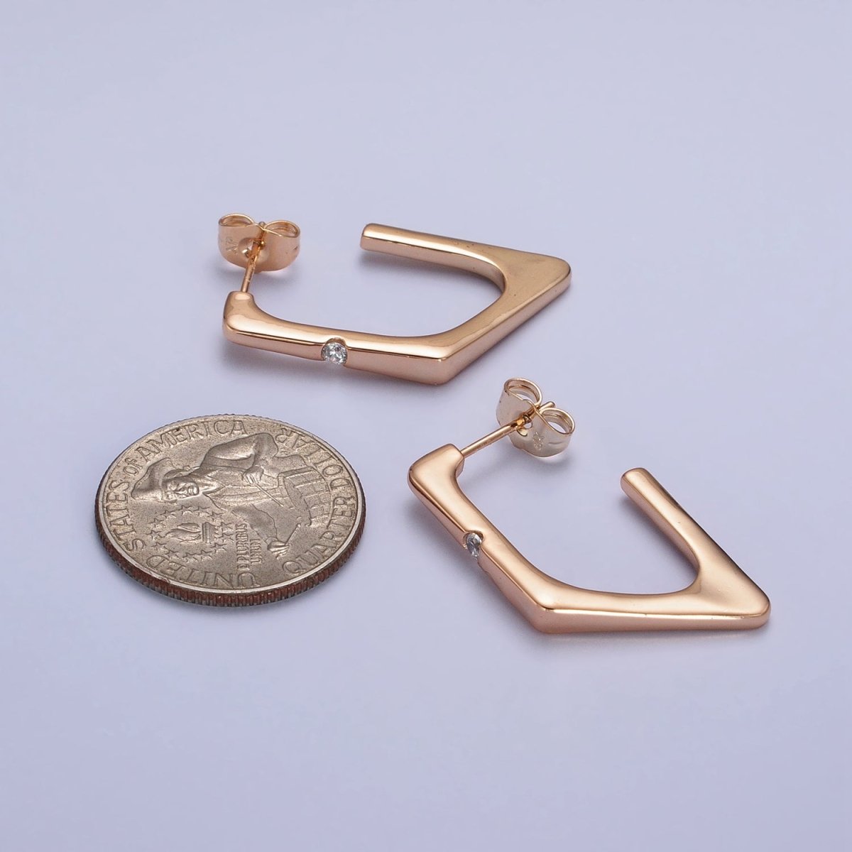 Clear CZ Rhombus Geometric J-Shaped Gold Hoop Earrings | AB160
