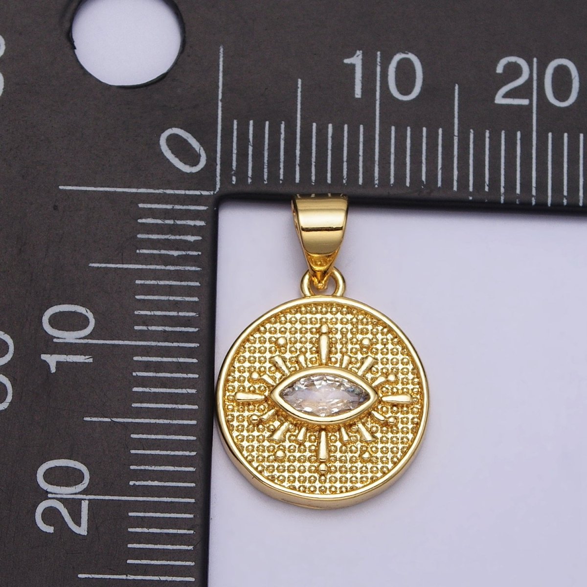 Clear Evil Eye CZ Beaded Round Coin Gold Pendant | AA078