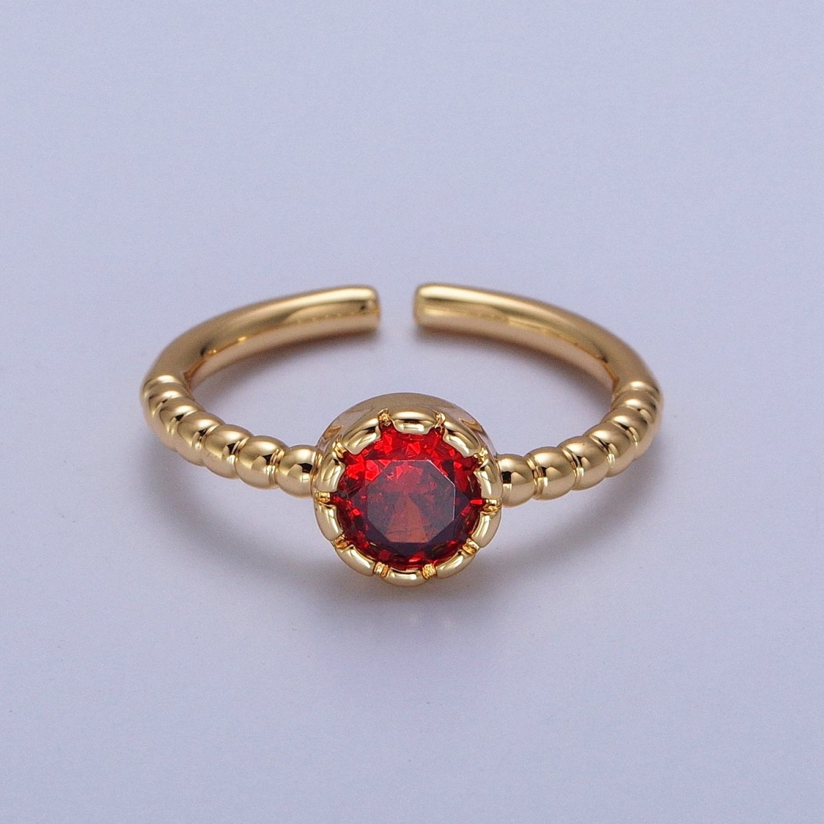 Clear, Green, Red Round CZ Solitaire Beaded Adjustable Gold Ring | O248~O250