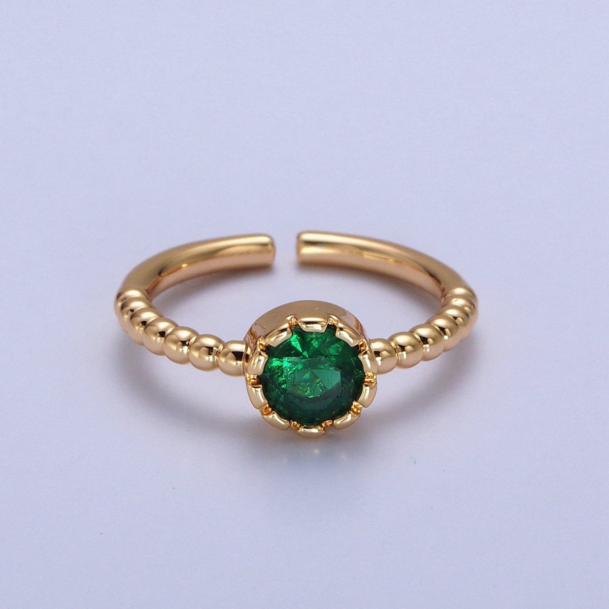 Clear, Green, Red Round CZ Solitaire Beaded Adjustable Gold Ring | O248~O250