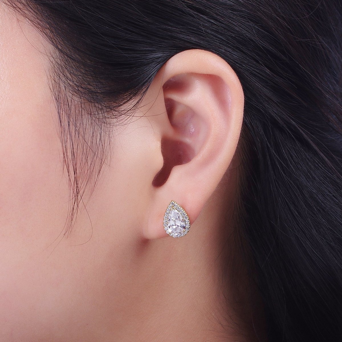 Clear, Green Teardrop Micro Paved CZ Gold Stud Earrings | AD-191 AD-192