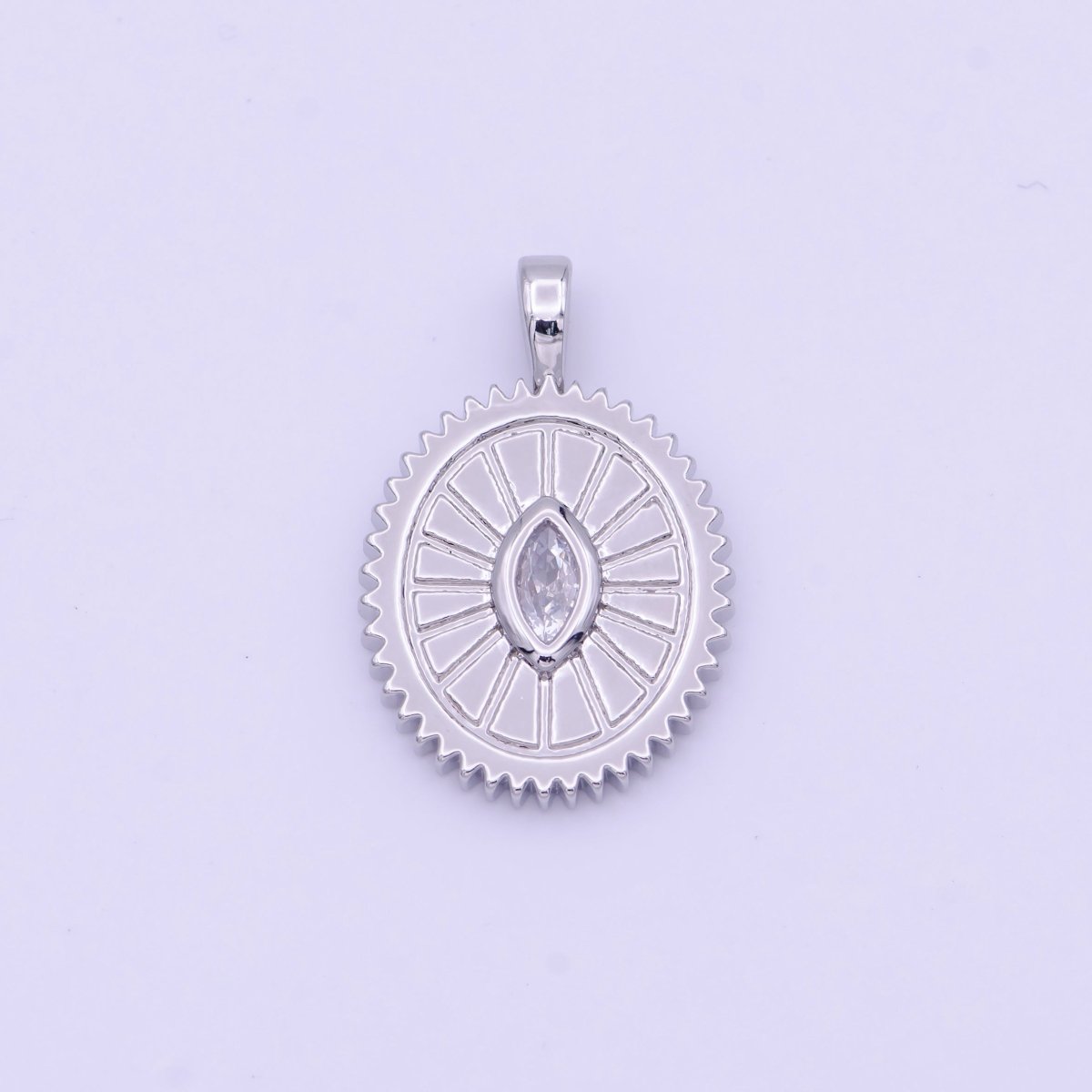 Clear Marquise Cubic Zirconia Textured Sunburst Oval Silver Pendant I-009