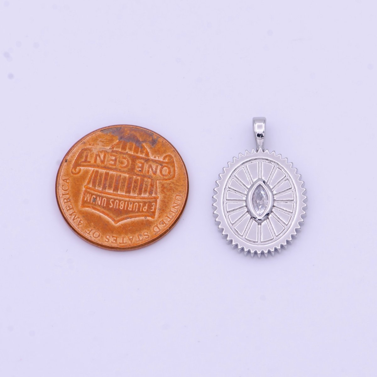 Clear Marquise Cubic Zirconia Textured Sunburst Oval Silver Pendant I-009