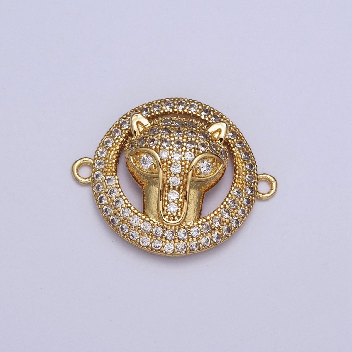 Clear Micro Pave CZ Animal Head Gold Circular Connector, Leopard Cheetah Fox Head Jewelry Component G-532
