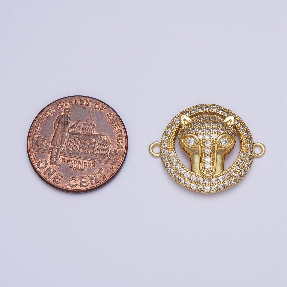 Clear Micro Pave CZ Animal Head Gold Circular Connector, Leopard Cheetah Fox Head Jewelry Component G-532