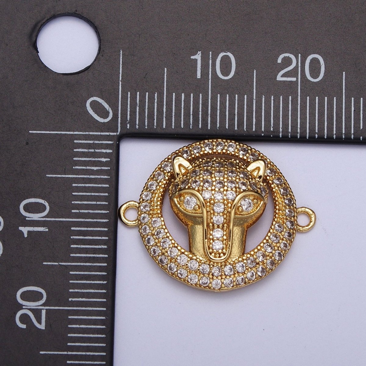 Clear Micro Pave CZ Animal Head Gold Circular Connector, Leopard Cheetah Fox Head Jewelry Component G-532