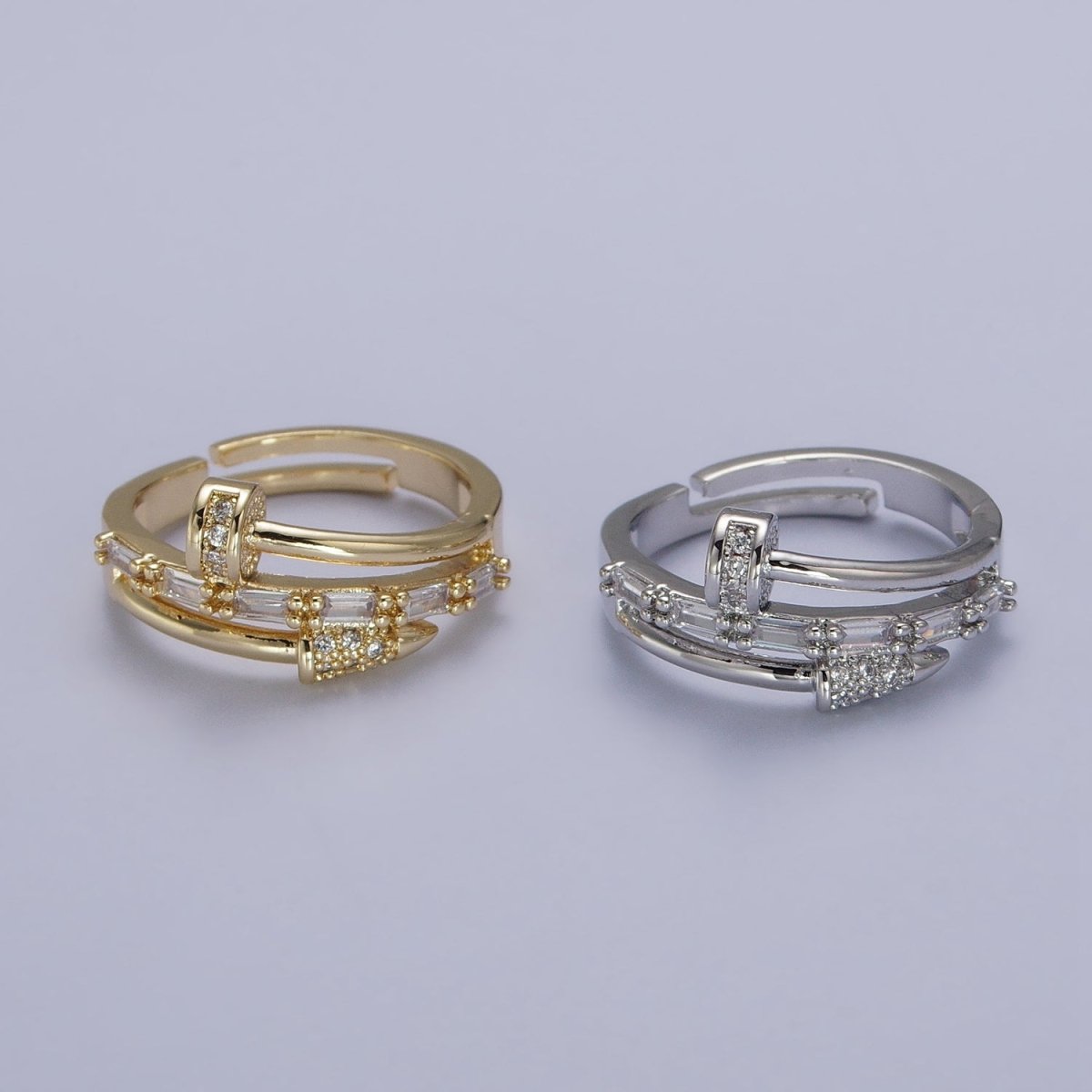 Clear Micro Paved Baguette Adjustable Nail Ring in Gold & Silver |  O-258
