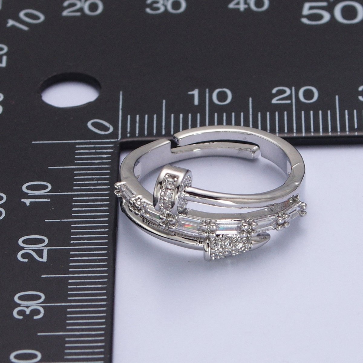 Clear Micro Paved Baguette Adjustable Nail Ring in Gold & Silver |  O-258