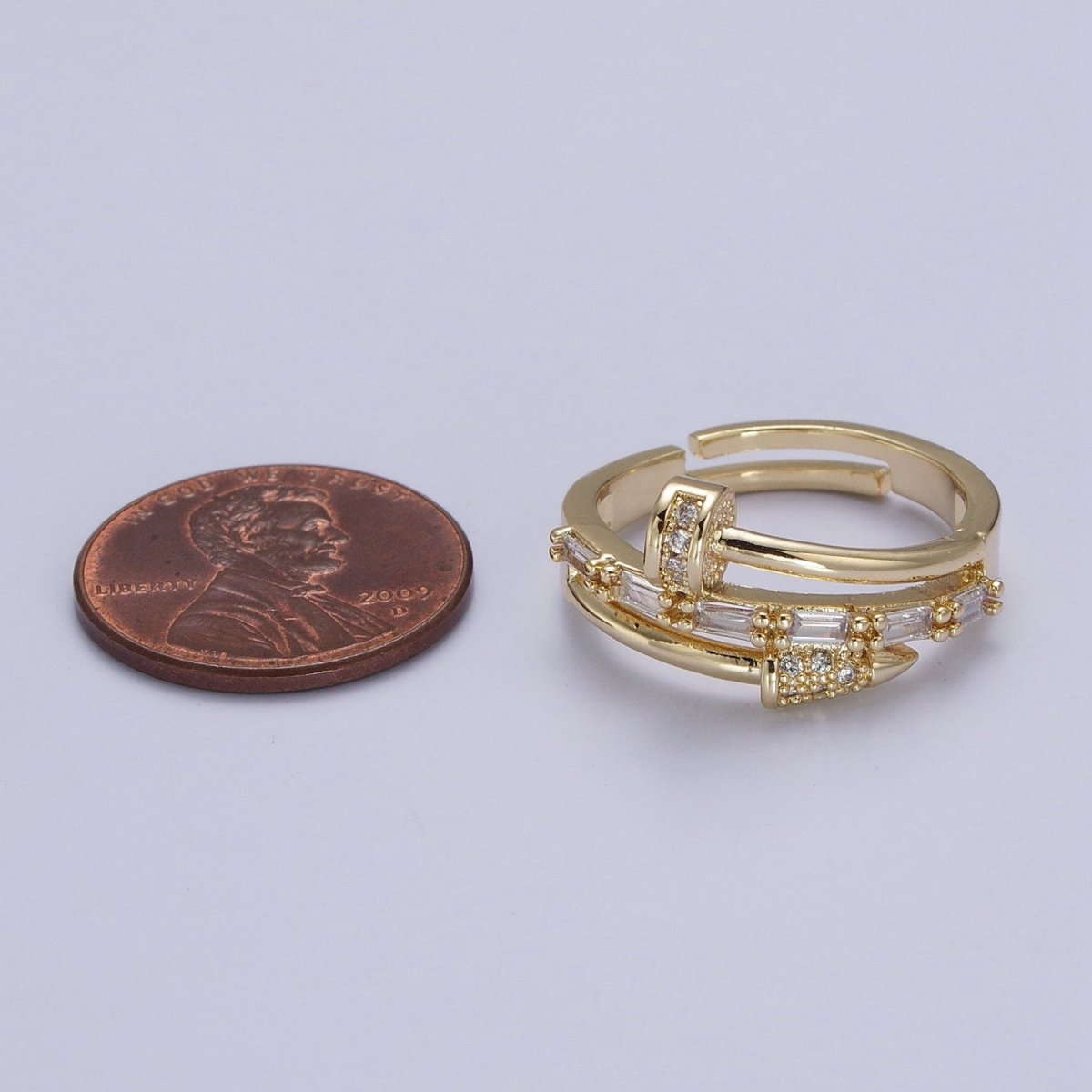 Clear Micro Paved Baguette Adjustable Nail Ring in Gold & Silver |  O-258