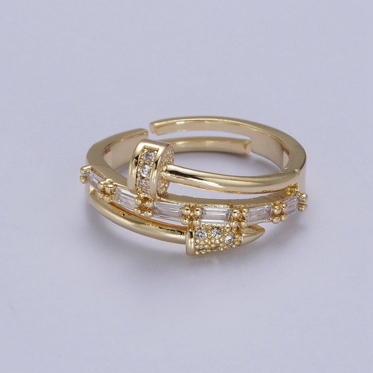 Clear Micro Paved Baguette Adjustable Nail Ring in Gold & Silver |  O-258