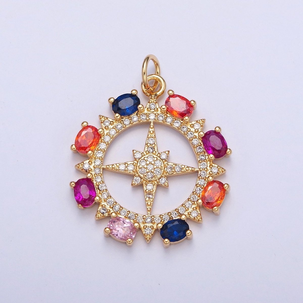 Clear Micro Paved Celestial Sun North Star Rounded Multicolor Oval CZ Medallion Charm | X-108