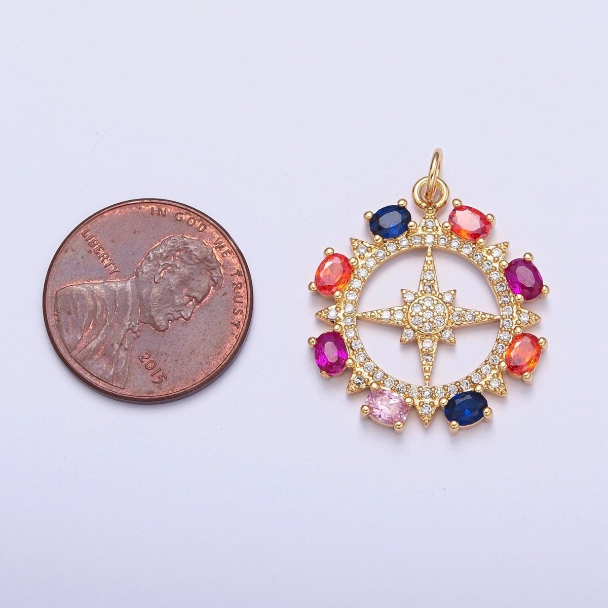 Clear Micro Paved Celestial Sun North Star Rounded Multicolor Oval CZ Medallion Charm | X-108