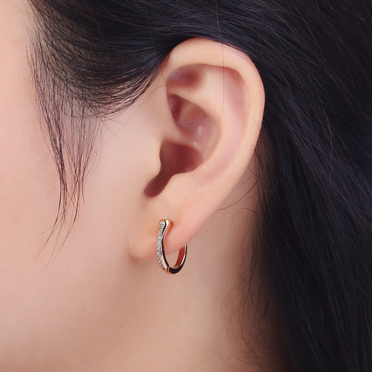 Clear Micro Paved CZ 15mm Pinky Gold Geometric Snake Huggie Earrings | V-039