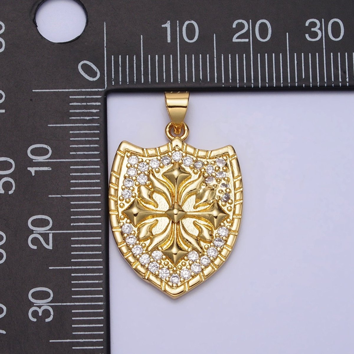 Clear Micro Paved CZ Cross Shield Crest Gold Pendant | AA085