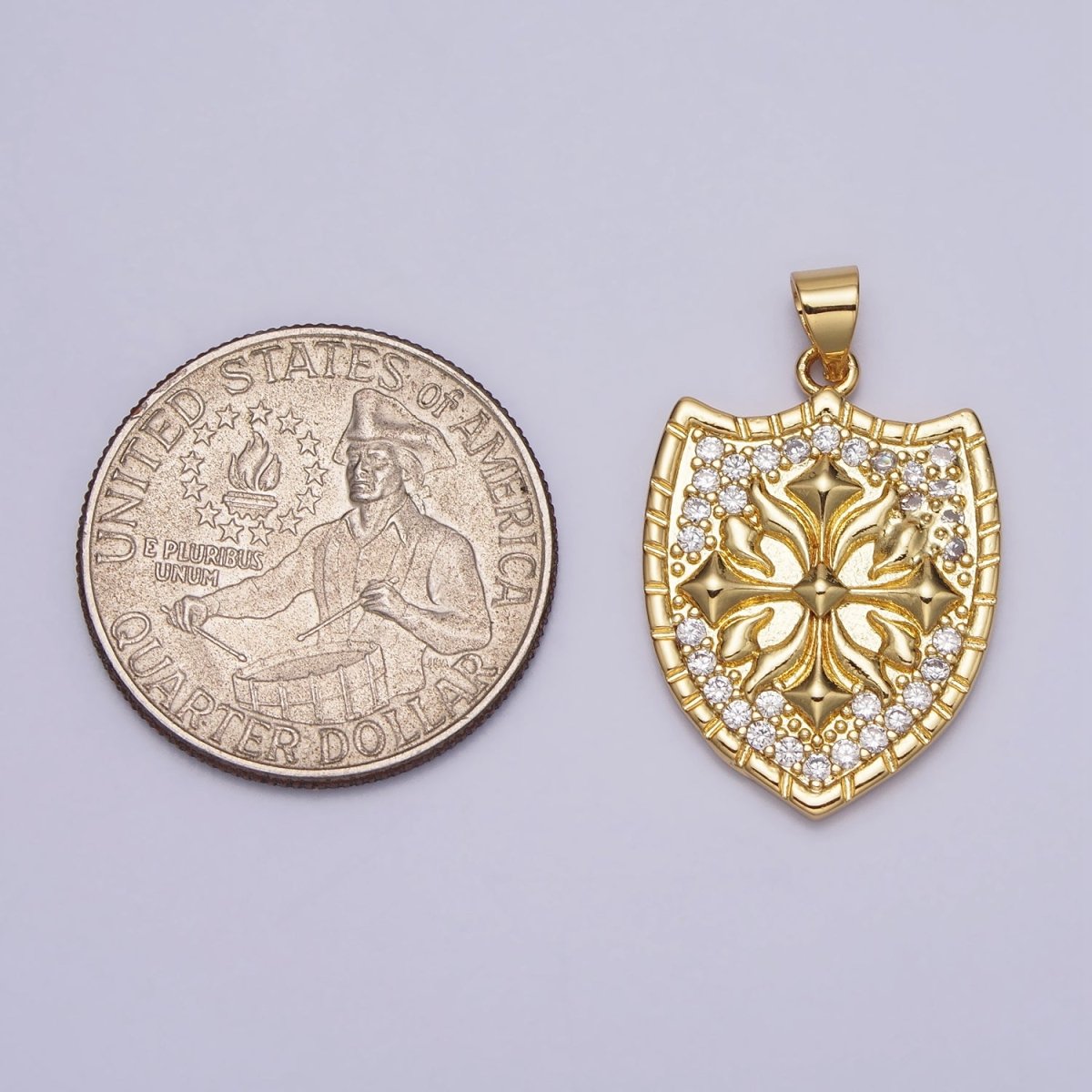 Clear Micro Paved CZ Cross Shield Crest Gold Pendant | AA085