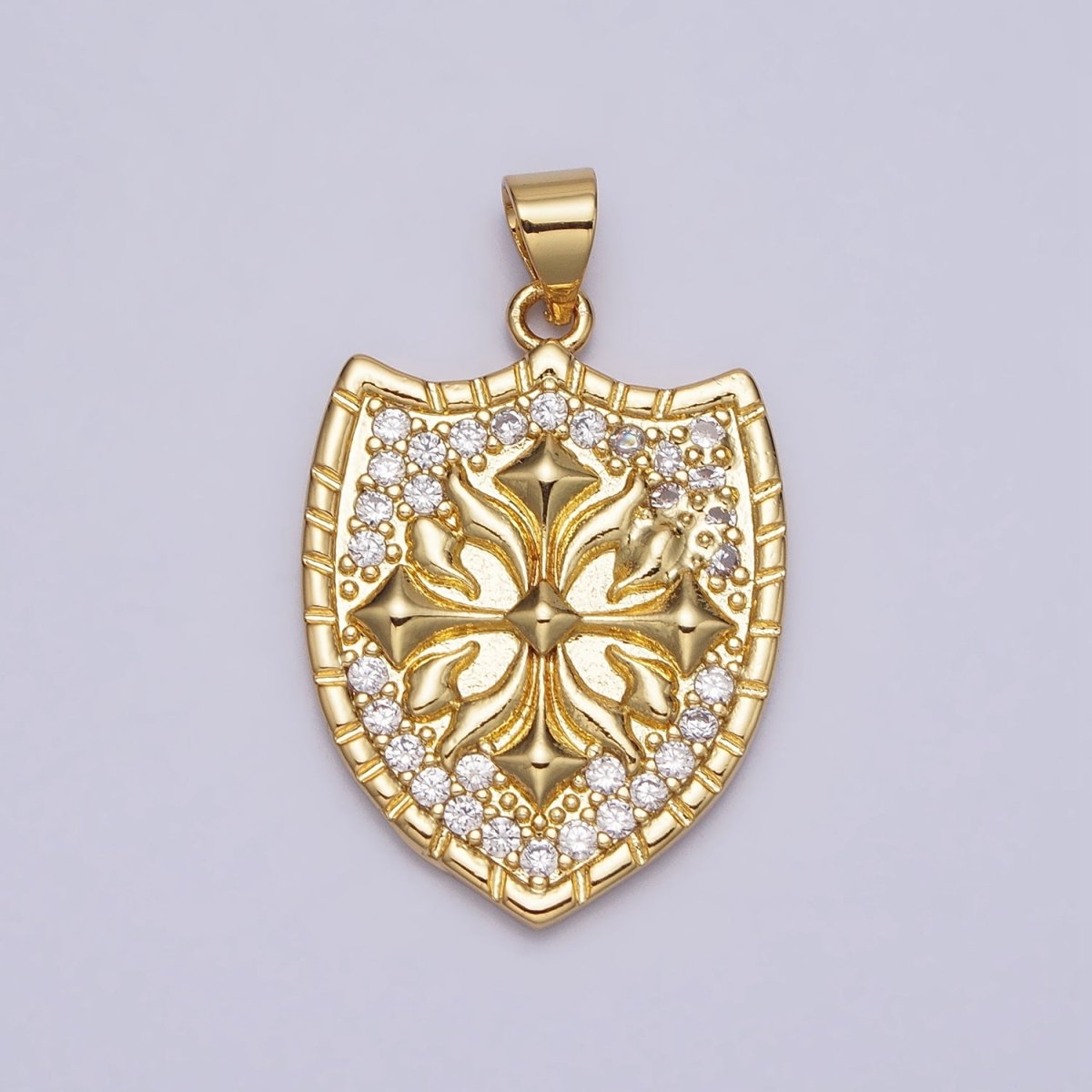 Clear Micro Paved CZ Cross Shield Crest Gold Pendant | AA085