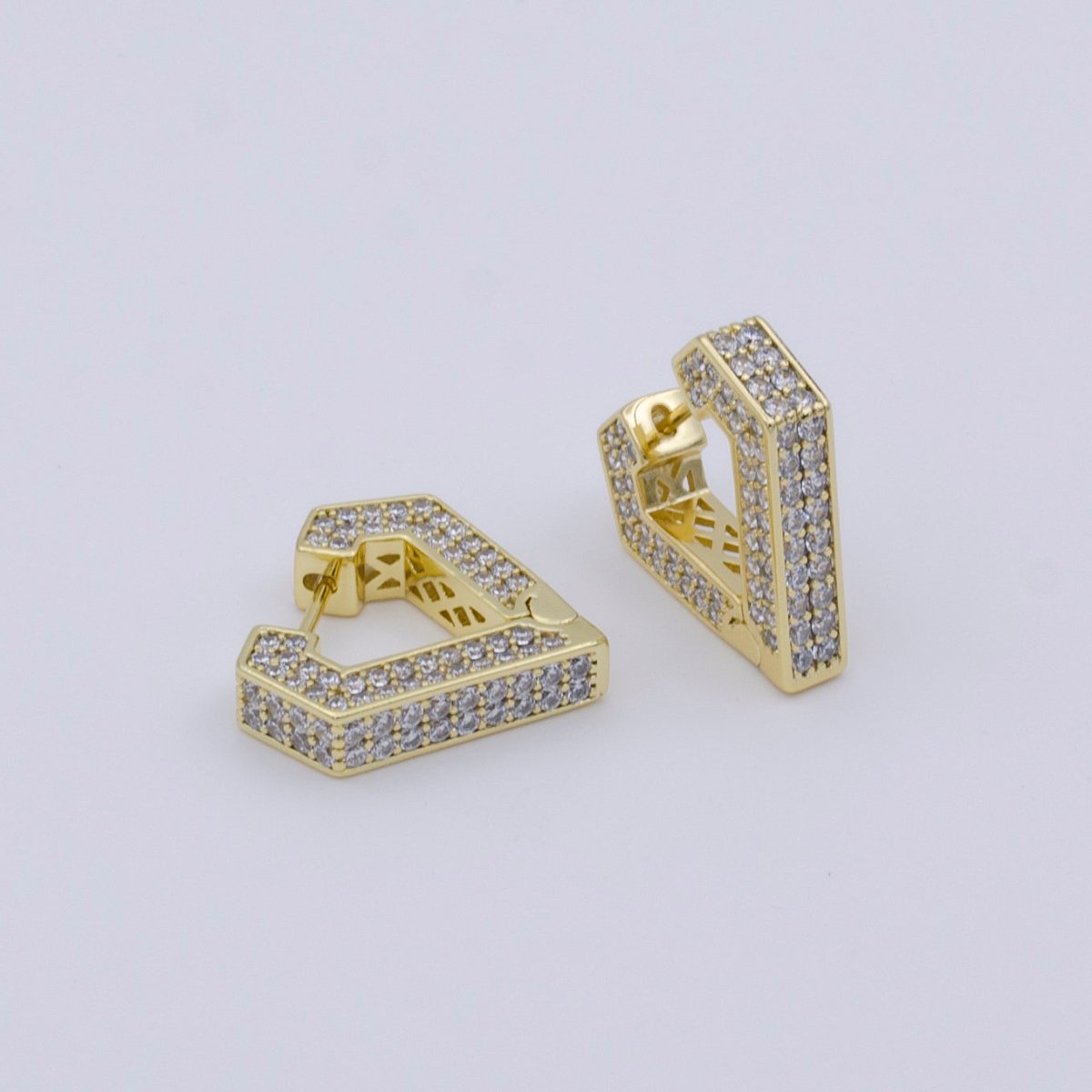 Clear Micro Paved CZ Diamond Heart Geometric Gold Hoops Earrings | AD-281
