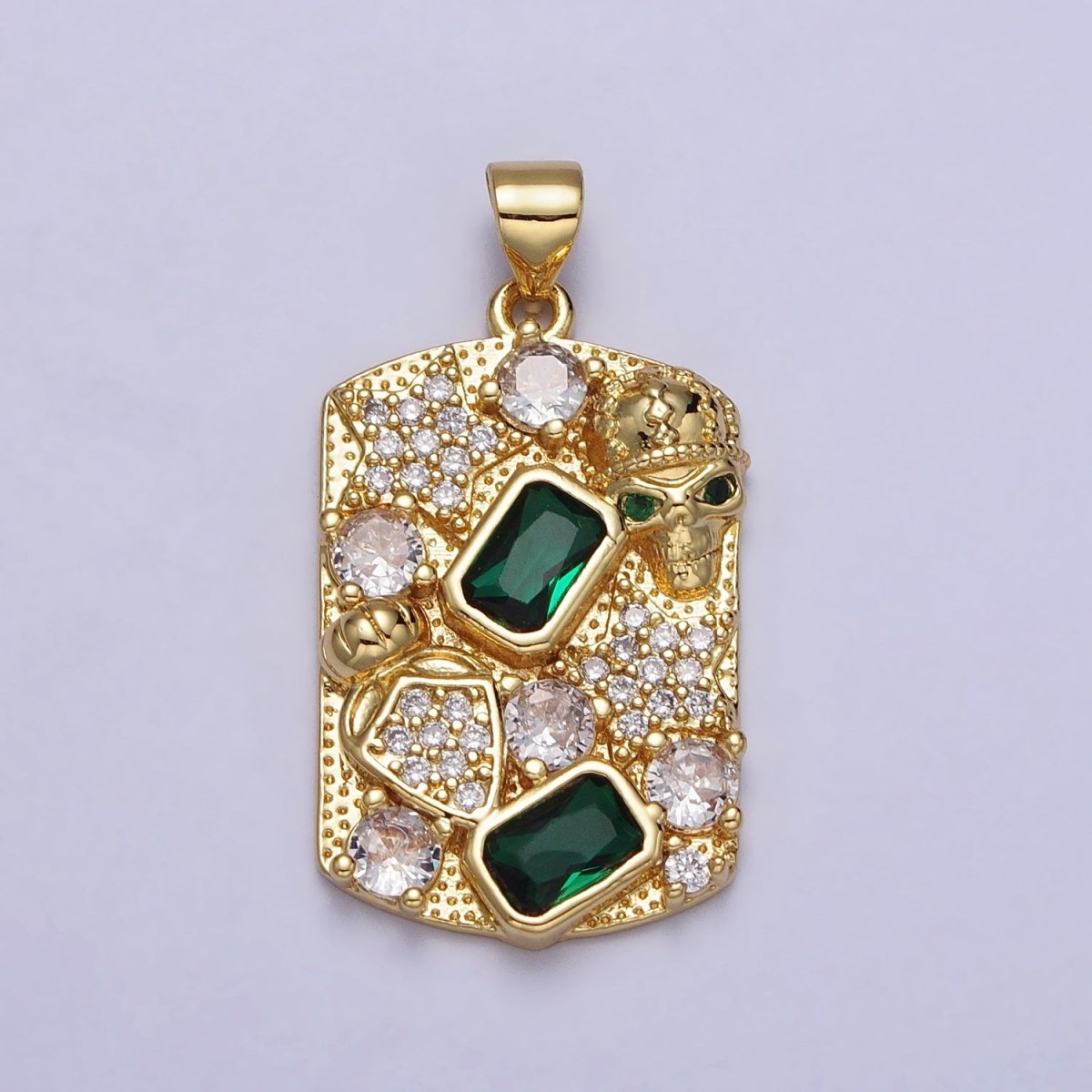 Clear Micro Paved CZ Green Baguette Star Shield Skull Rectangular Tag Pendant | AA020