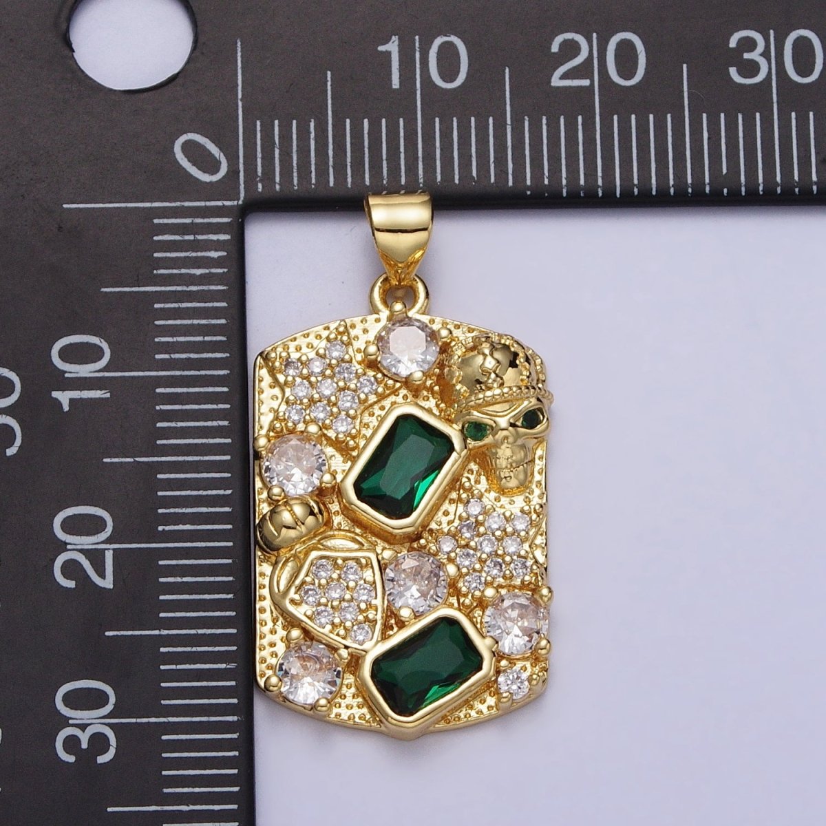 Clear Micro Paved CZ Green Baguette Star Shield Skull Rectangular Tag Pendant | AA020