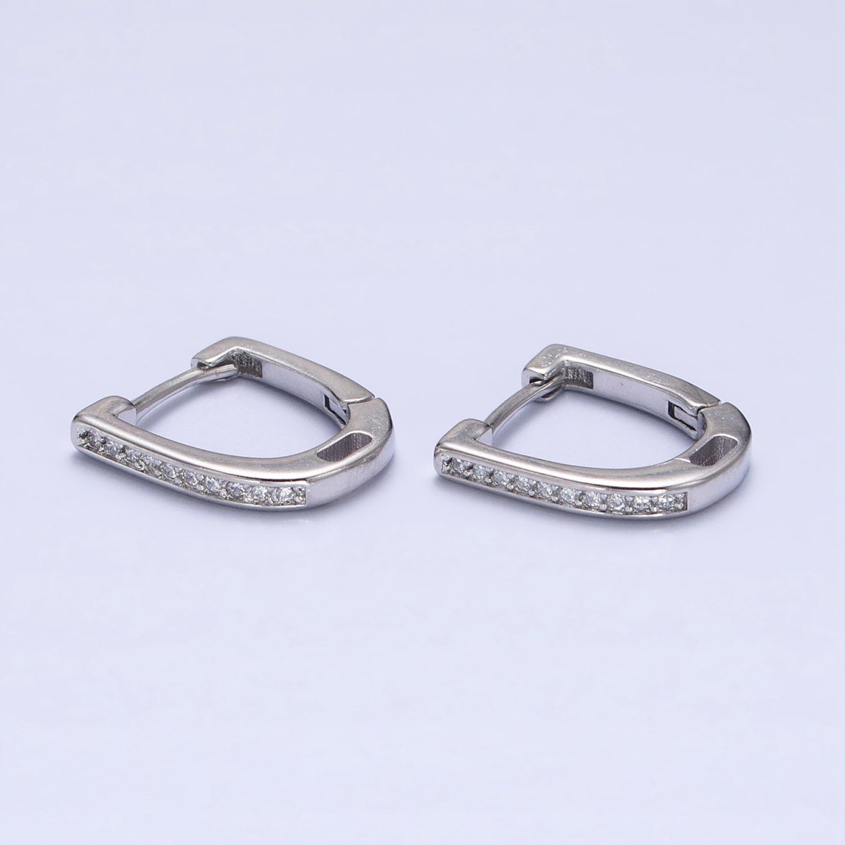 Clear Micro Paved CZ Lined U-Shaped Oblong Silver Hoop Earrings | AB439