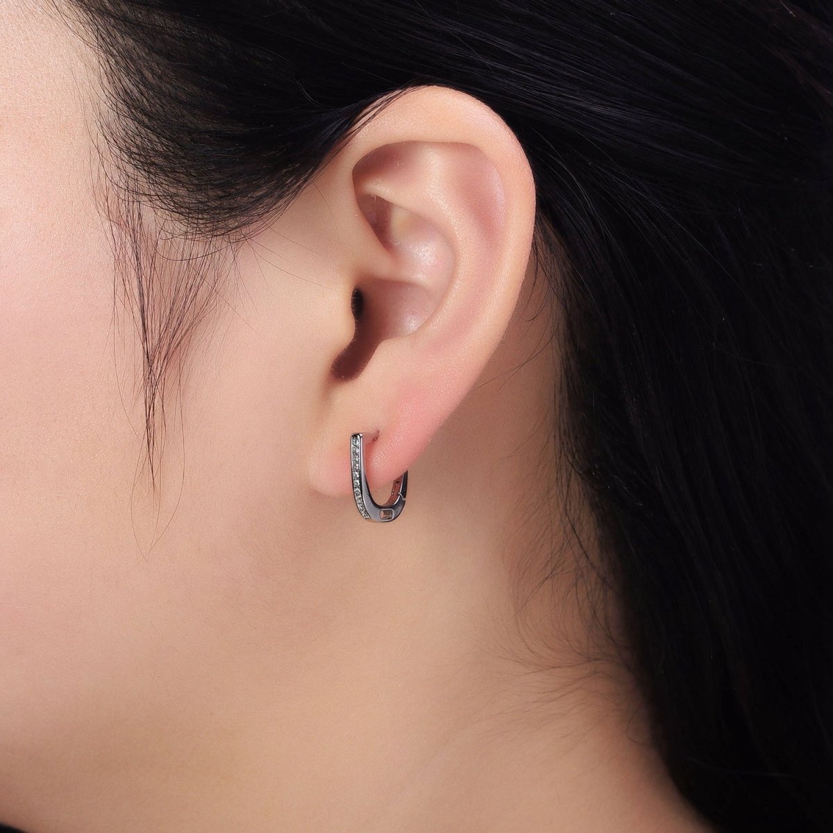 Clear Micro Paved CZ Lined U-Shaped Oblong Silver Hoop Earrings | AB439