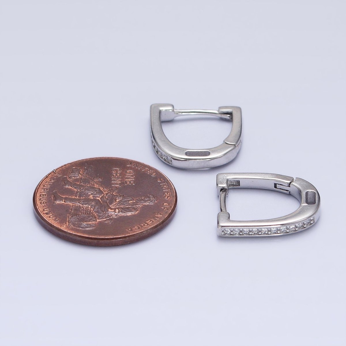 Clear Micro Paved CZ Lined U-Shaped Oblong Silver Hoop Earrings | AB439