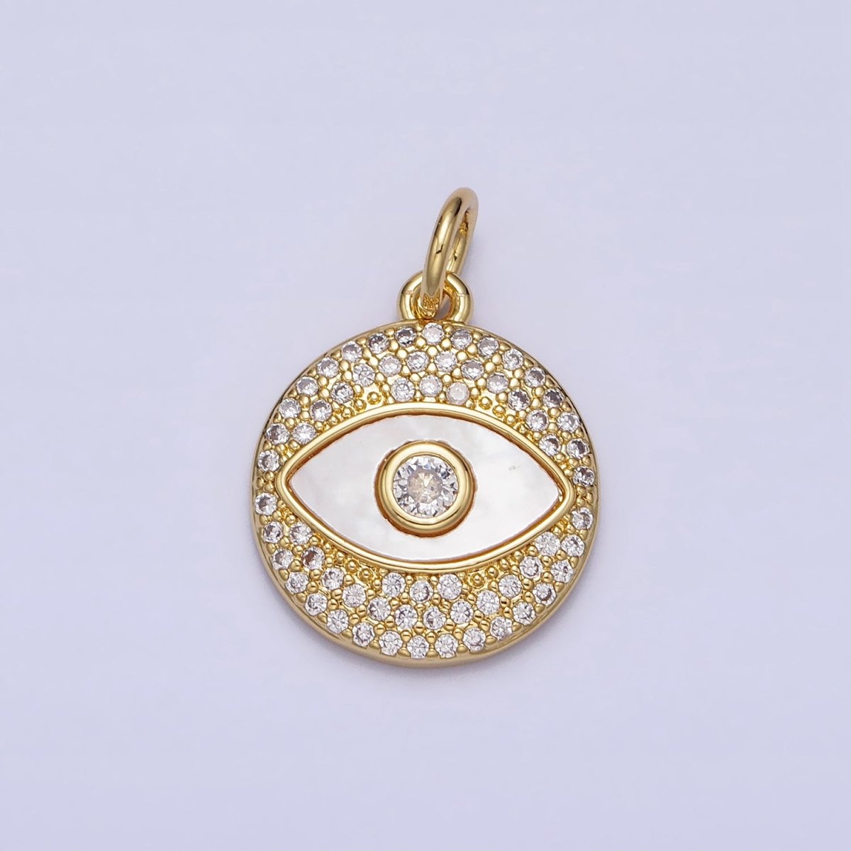 Clear Micro Paved CZ Shell Pearl Evil Eye Round Gold Charm | AC363