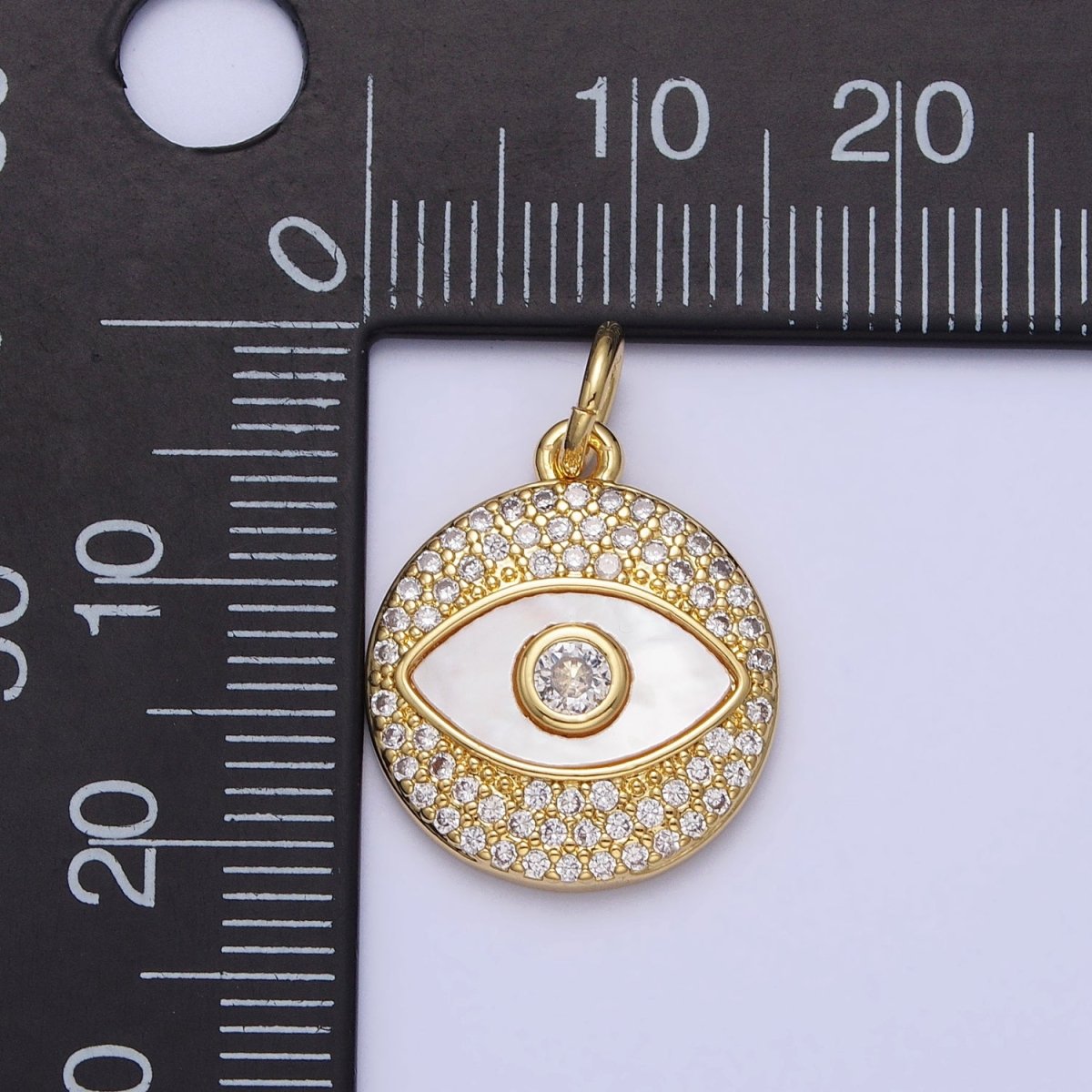 Clear Micro Paved CZ Shell Pearl Evil Eye Round Gold Charm | AC363