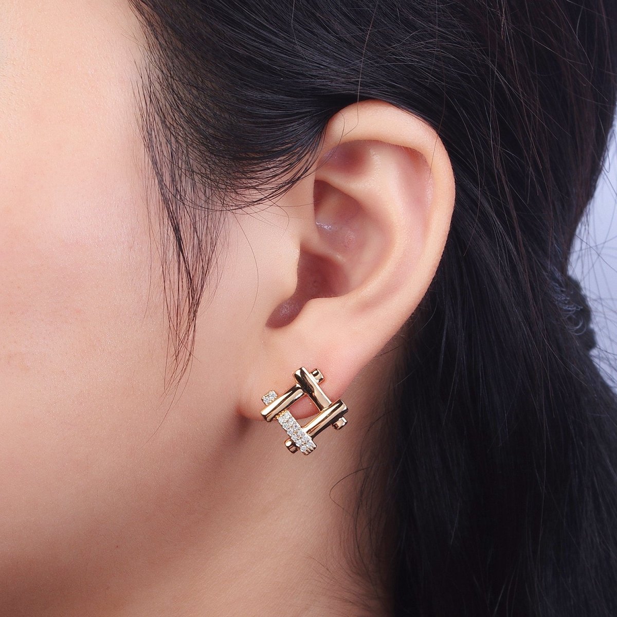 Clear Micro Paved CZ Woven Geometric Square Pinky Gold Stud Earrings P-515