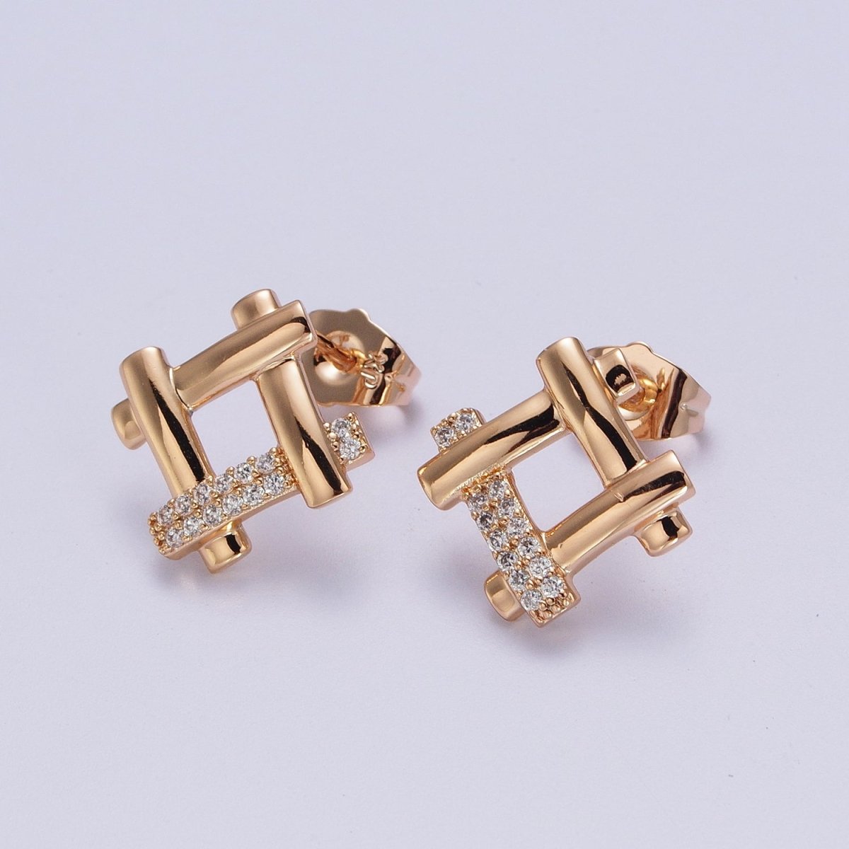 Clear Micro Paved CZ Woven Geometric Square Pinky Gold Stud Earrings P-515