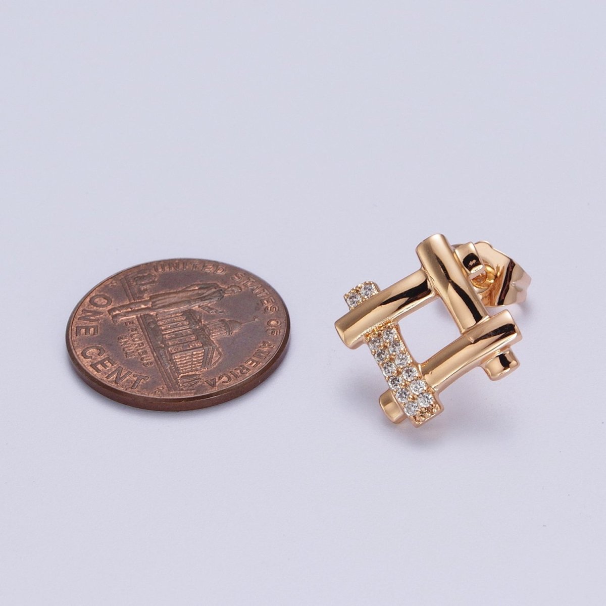Clear Micro Paved CZ Woven Geometric Square Pinky Gold Stud Earrings P-515