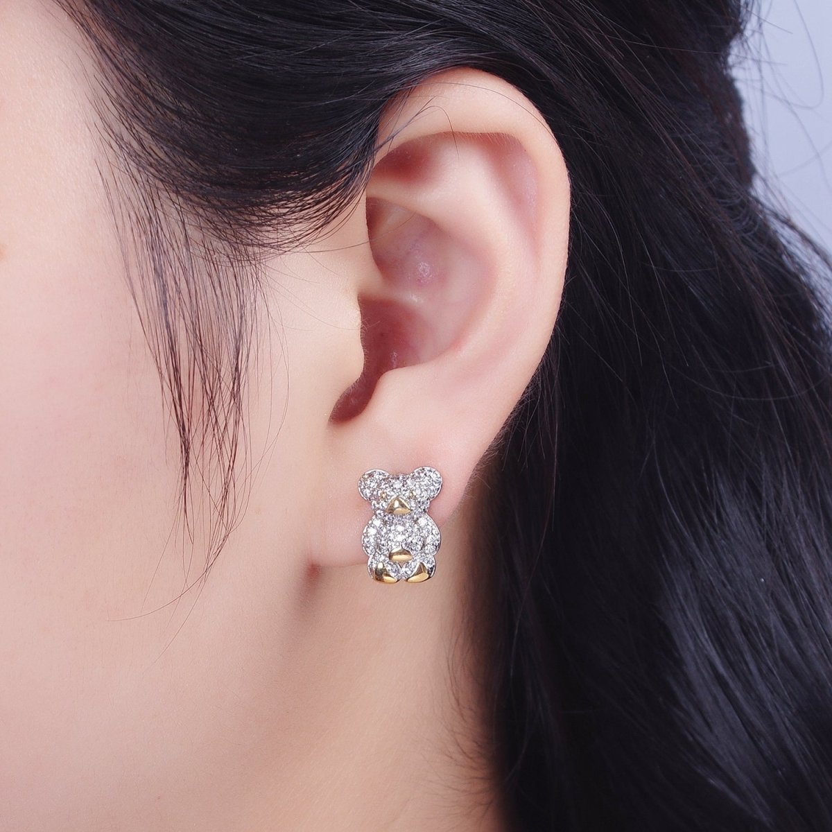 Clear Micro Paved Gold Teddy Bear Stud Earrings For Nature Jewelry Making | P-282
